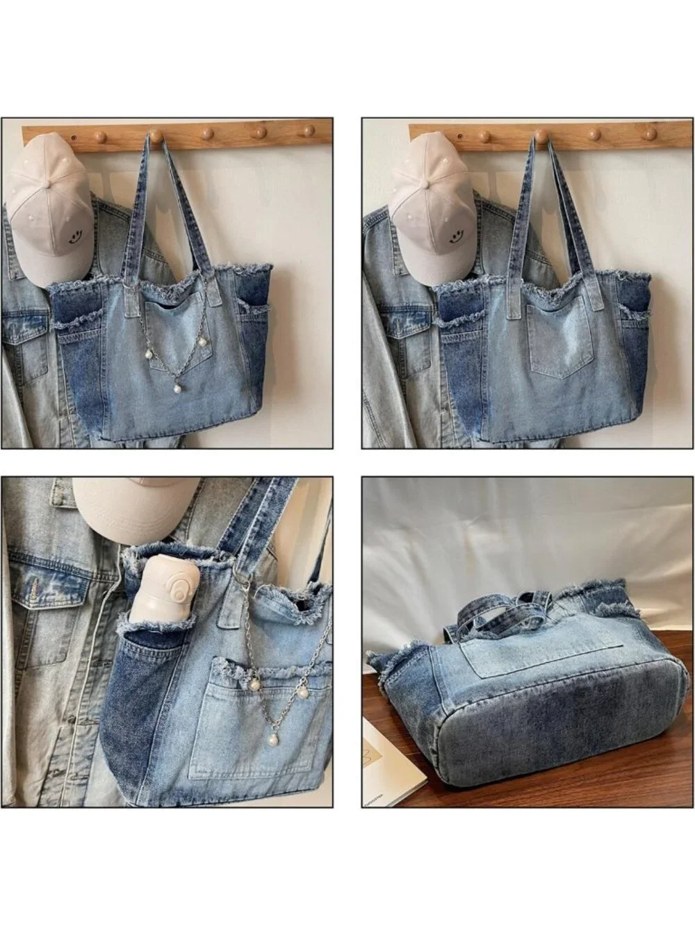 Light Blue Distressed Denim Tote Bag - Large Zippered Canvas Shoulder Handbag